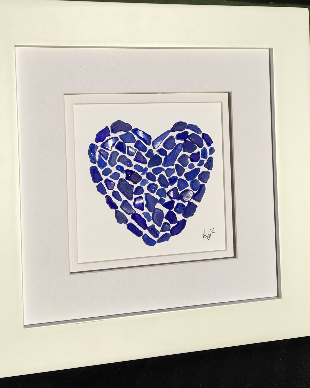 Cobalt Heart, Cobalt blue sea glass, hand-cut mats — sea glass artwork by Water & Waves Studio