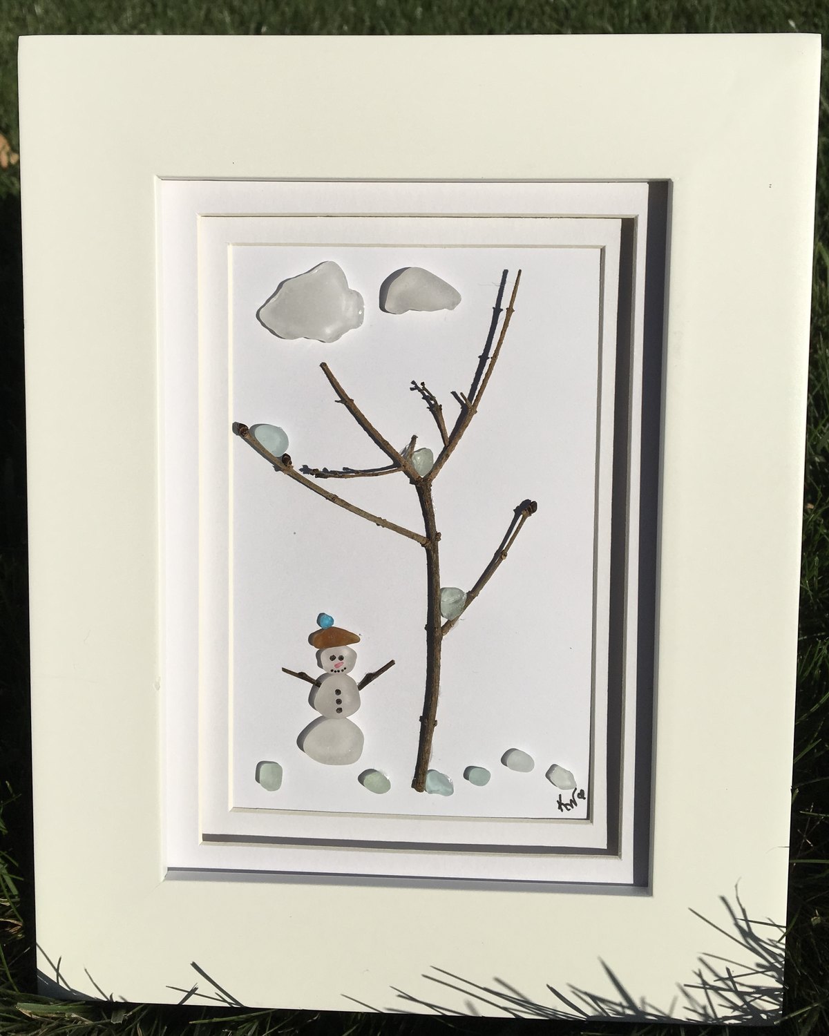 Winter Morning, White and sea-foam sea glass, driftwood, hand-cut mats — sea glass artwork by Water & Waves Studio
